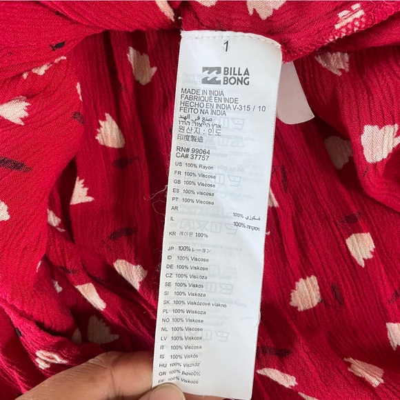 Billabong Little Flirt Red Floral Print Button Down Midi Dress Sz L Summer Beach - Picture 11 of 15